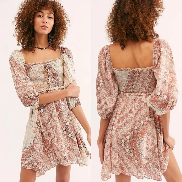 Free People Love Sick Mini Boho Dress Balloon Sleeve Size S Pink Pattern Floral - Picture 1 of 9